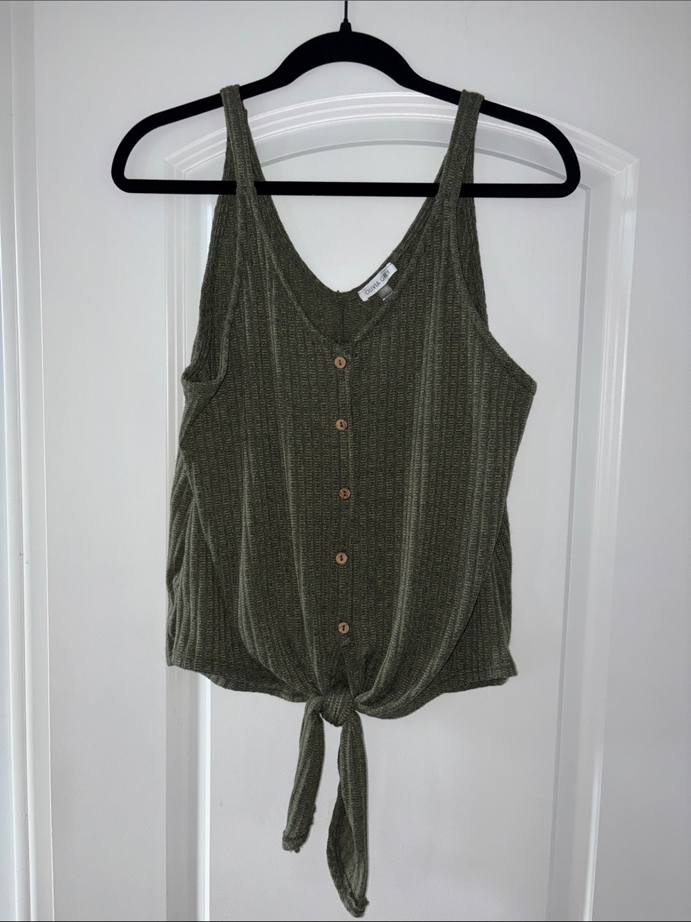 Knit Olive Button-Front Tie Hem Tank Top